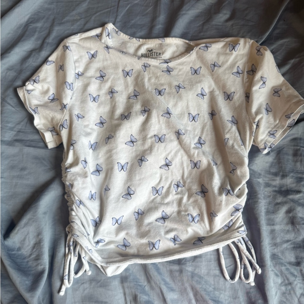 Hollister White and Blue Butterfly Print Women's Top